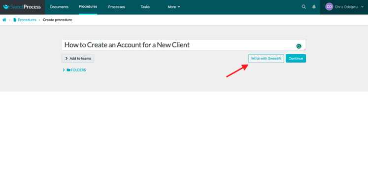 Enter the procedure title and click on "Write with SweetAI"