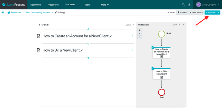 Click on "Approve" to publish your process