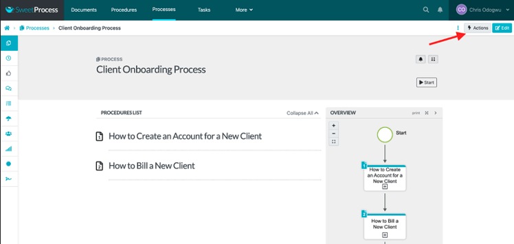 Open the procedure or process and click on "Actions"
