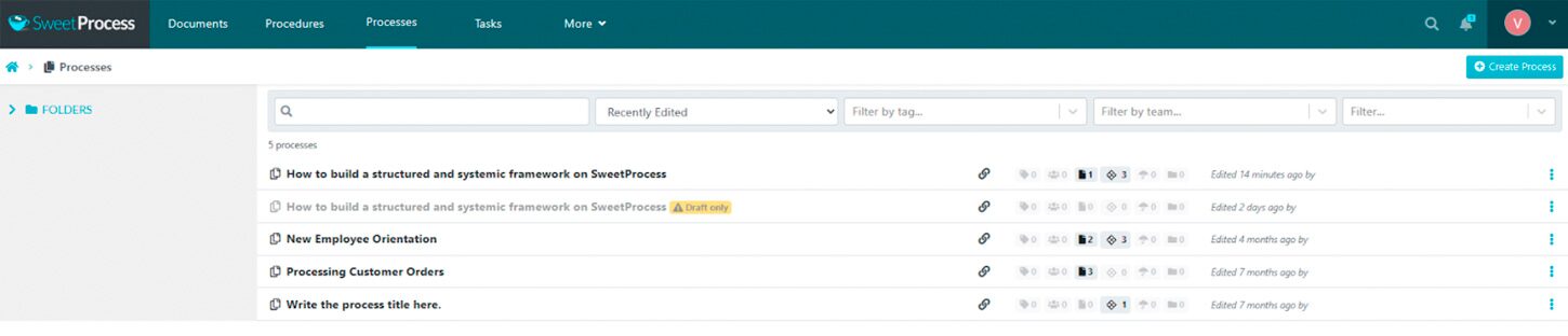 To manage your processes in SweetProcess, navigate to the "Processes" tab.