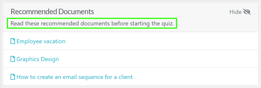 Read these recommended documents before starting the quiz.