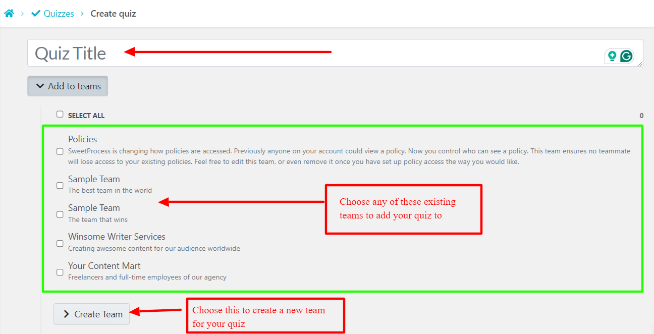 Title the Quiz and Select the Team you Want to Add