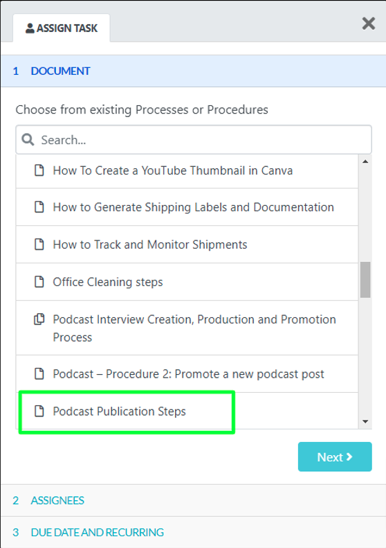 Once you’ve updated a procedure, you can assign it as a task to a new or current team member.