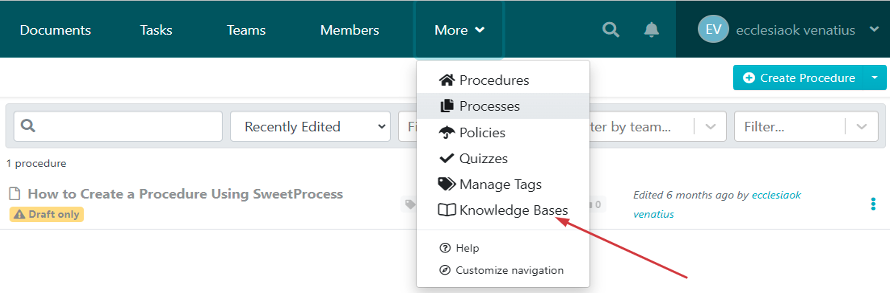 3. On the dropdown menu, click on the "Knowledge Bases" button.