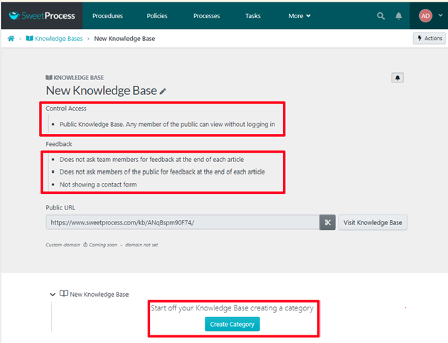 5. Here, you are presented with the default options for your knowledge base.