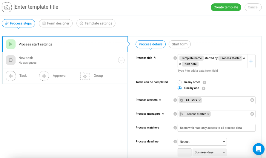 Once users log in to an account, they can create one process and only add tasks. 