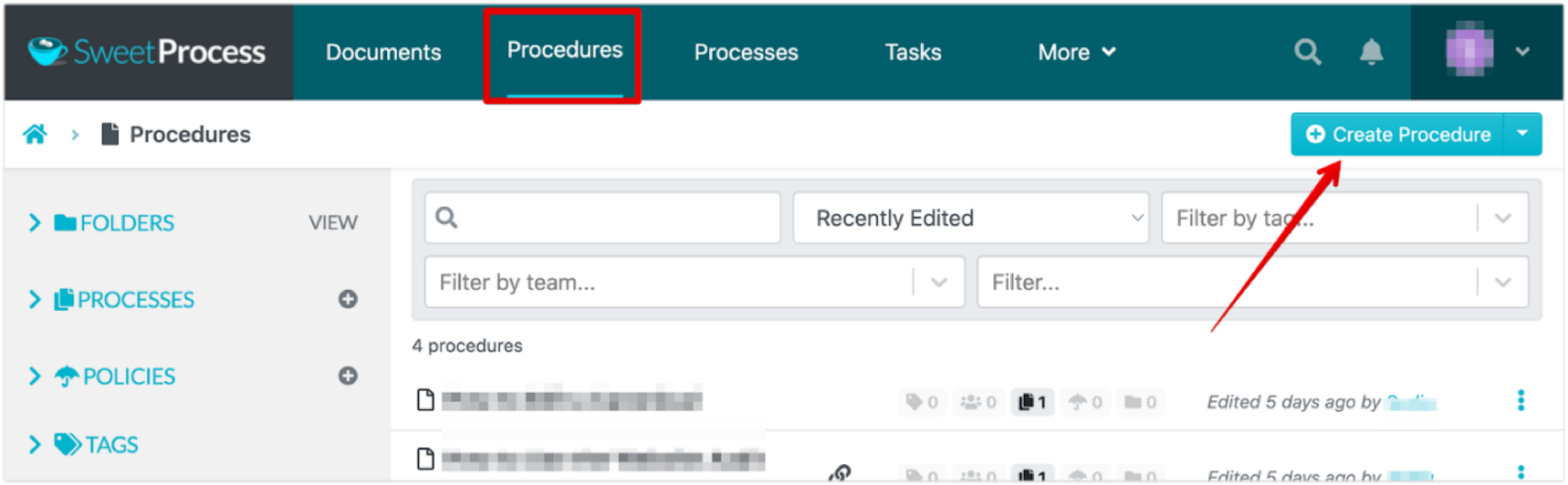 Select the “Procedures” tab on the dashboard.