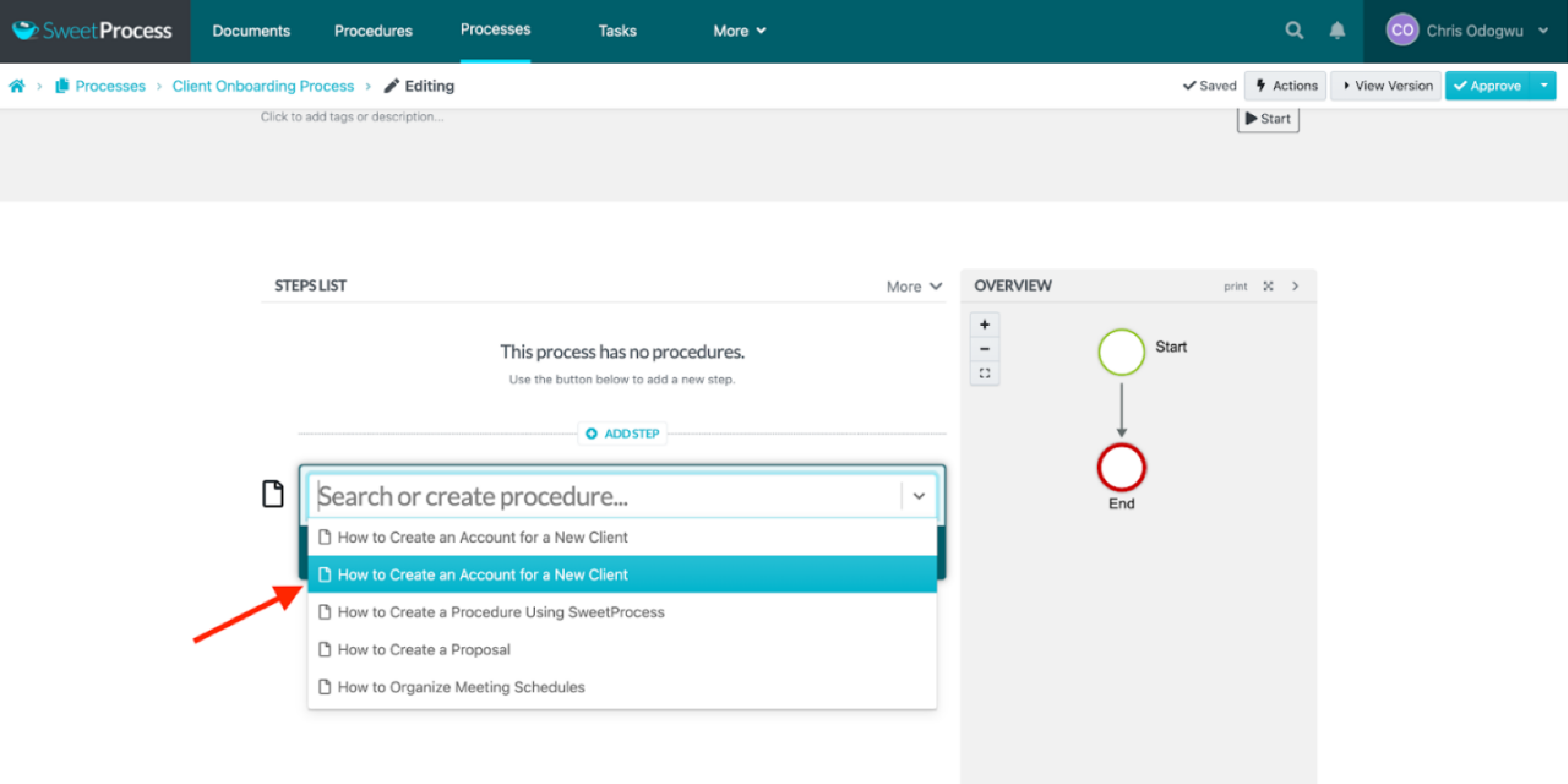 Select the procedure from the drop-down menu.