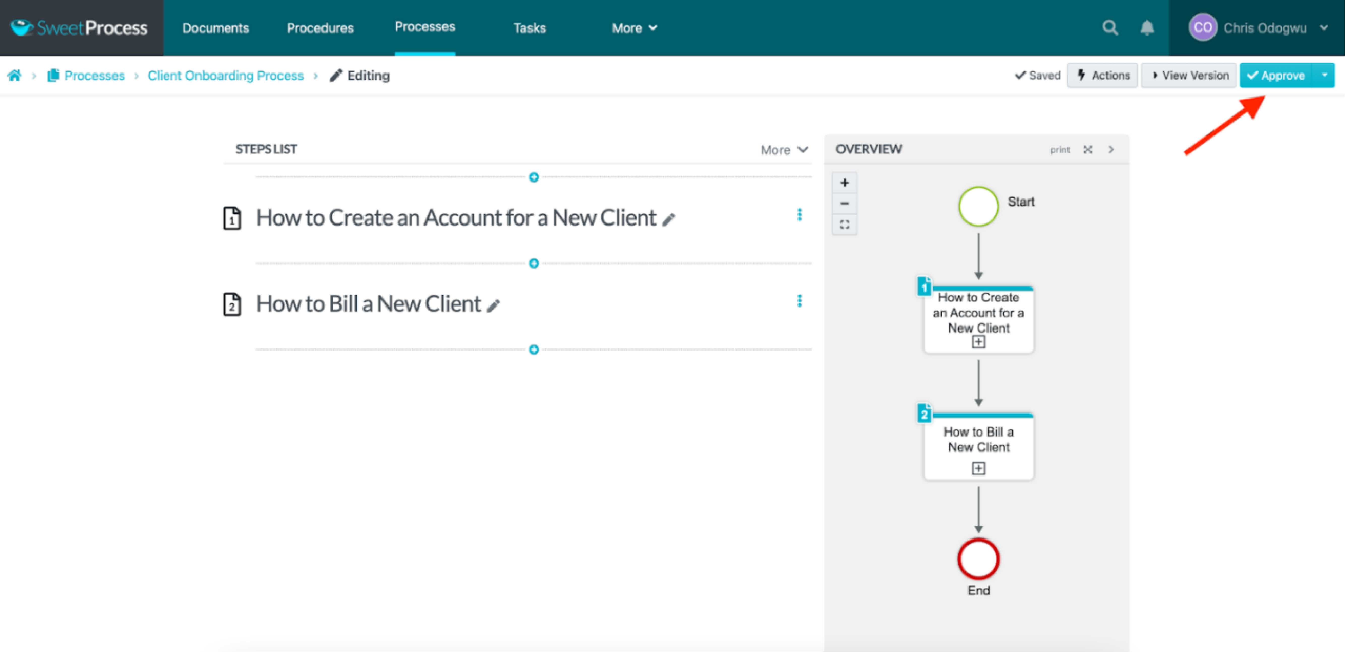 Click on “Approve” to publish your process. 