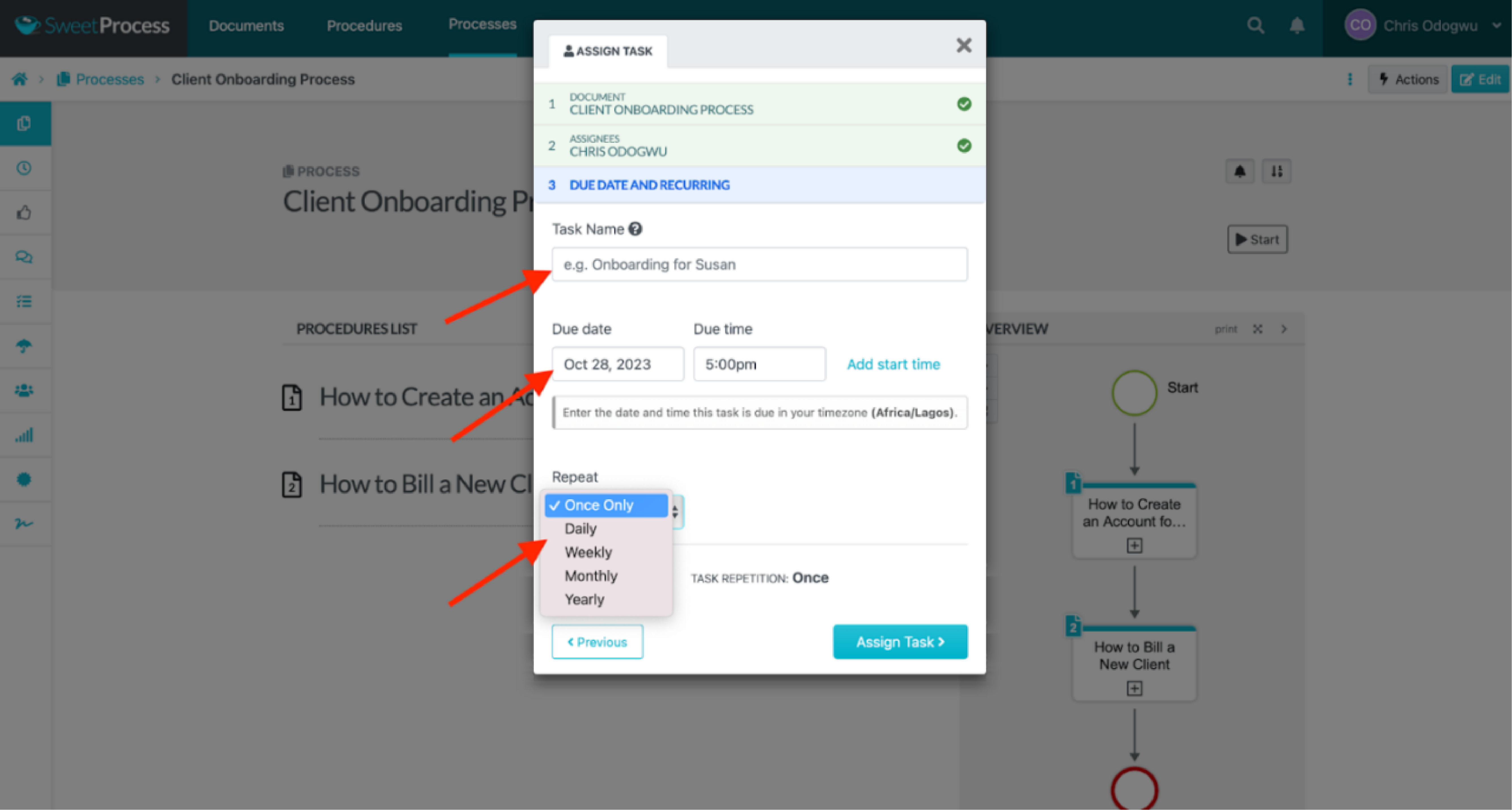 Enter the task name, due date, time, and frequency, and click “Assign Task.”