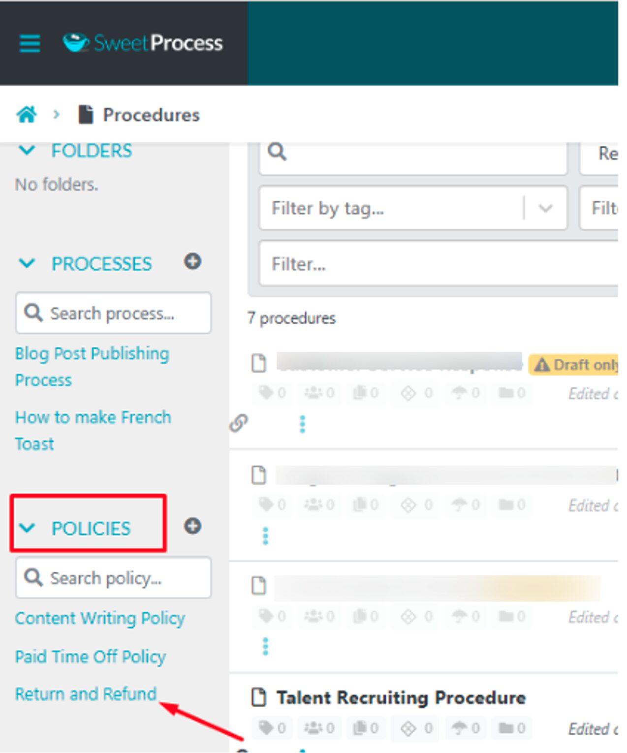 To edit with SweetAI, ensure you’re logged into your SweetProcess account and click on the policy you want to edit.