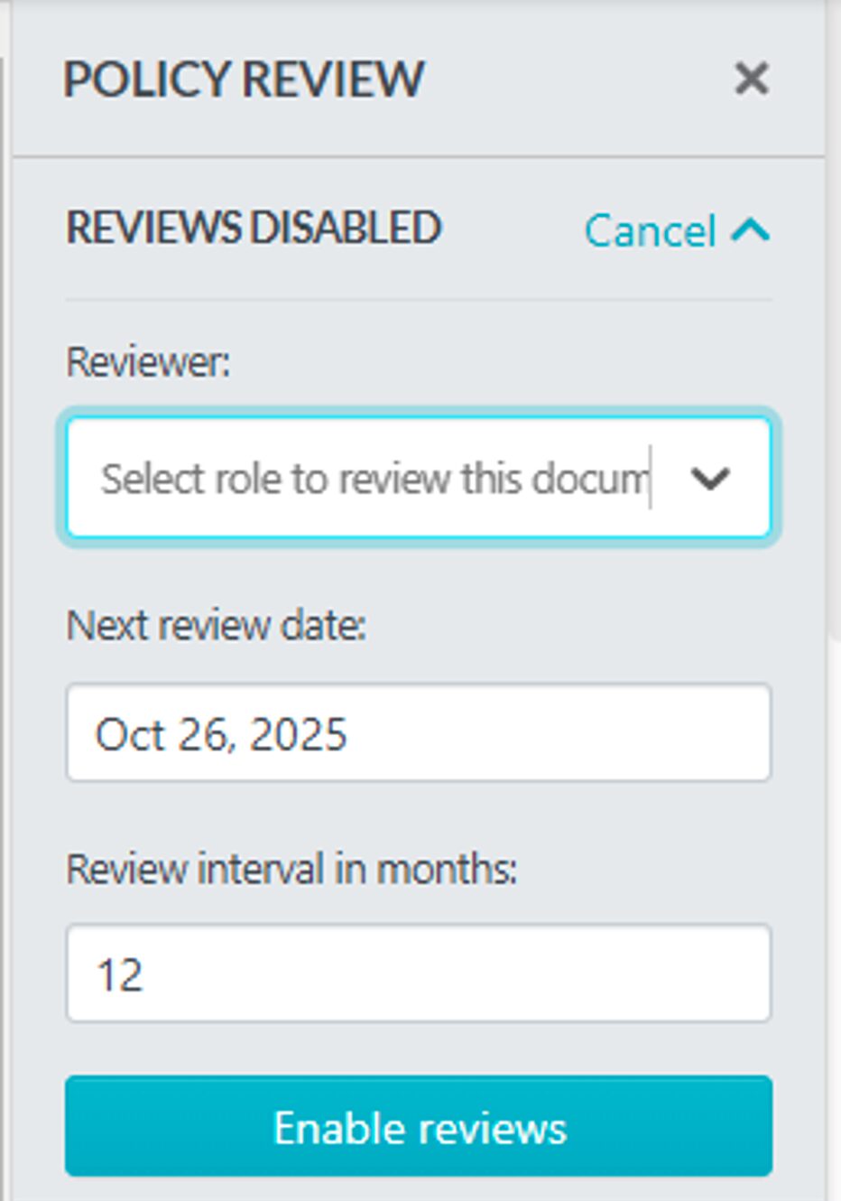 On the policy review interface, you can assign the policy's reviewer, review date, and review interval.