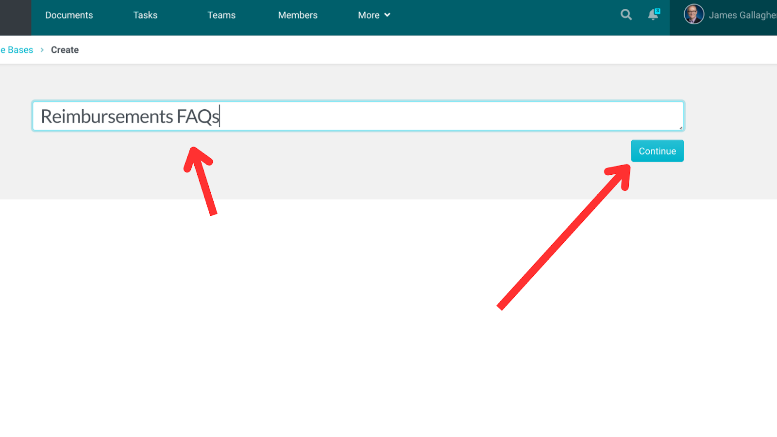 In the new window, select "Create Knowledge Base," enter a title—for example, "Reimbursements FAQs," and click "Continue."