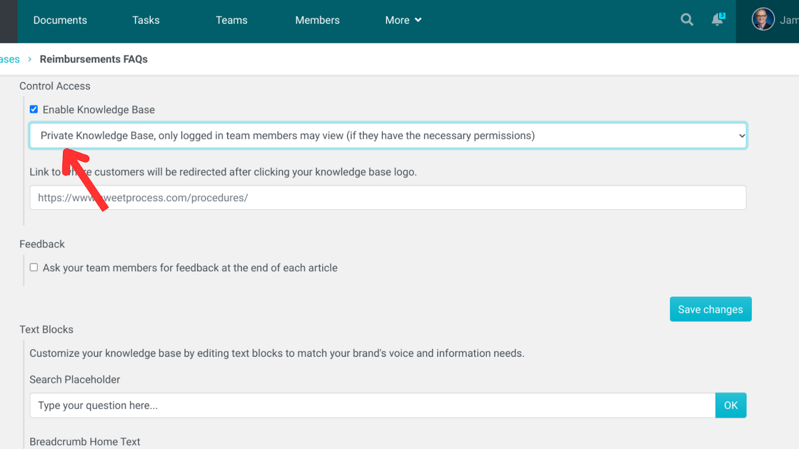 Scroll down to the section labeled “Control Access.” Here, you will see options to set the knowledge base as public or private.