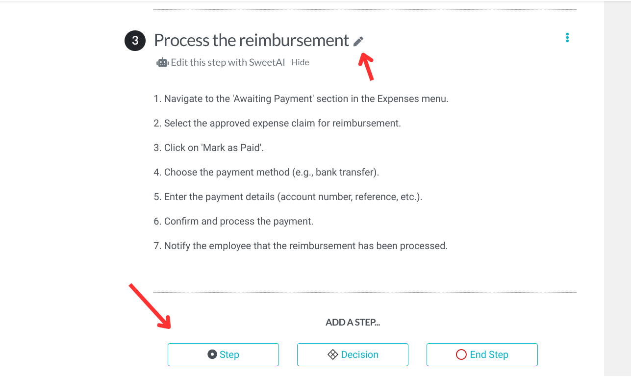 In the new window, you can add a new step or edit previous steps in the procedure. 