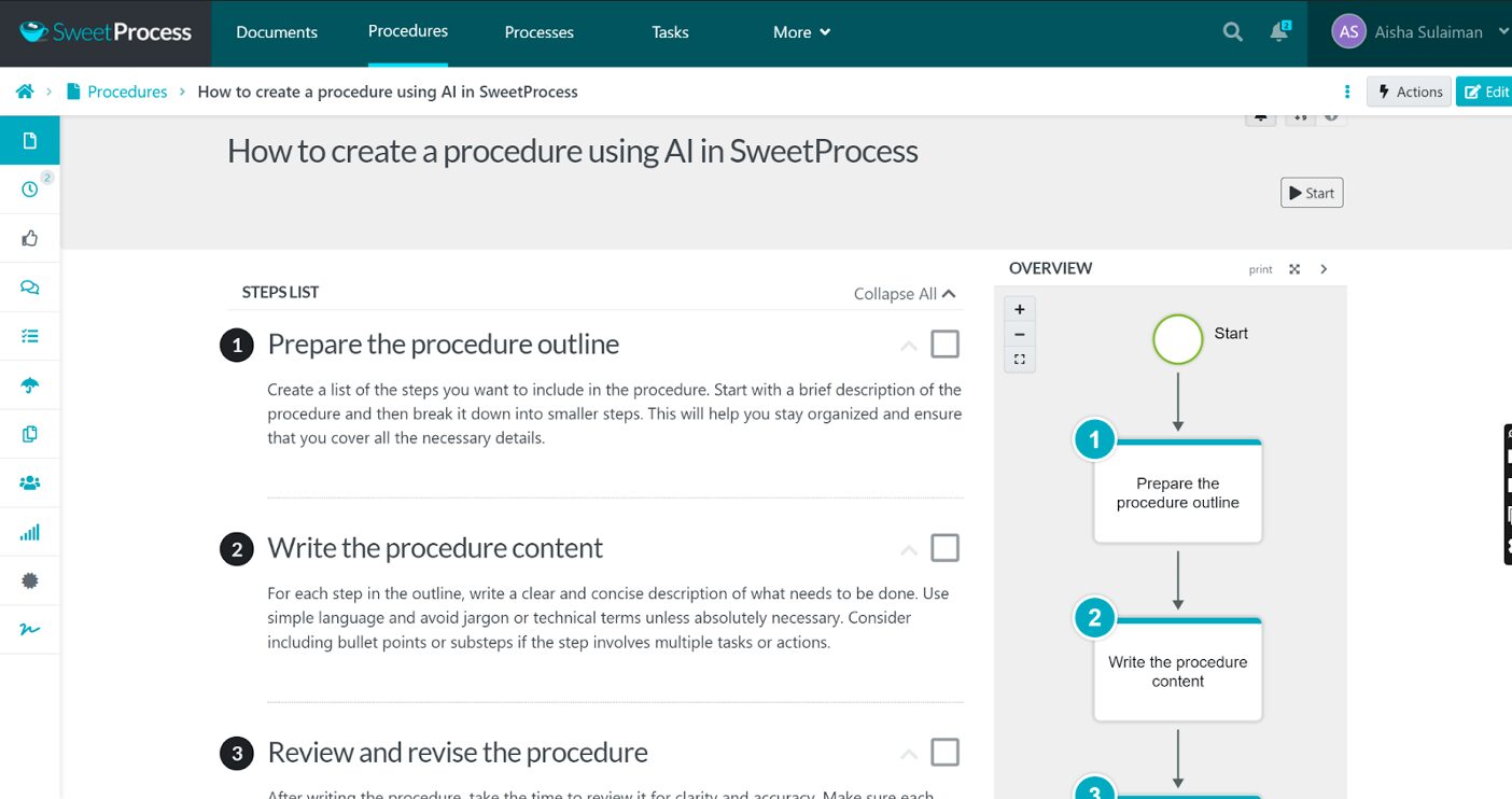 Procedure steps, descriptions, and flowchart.