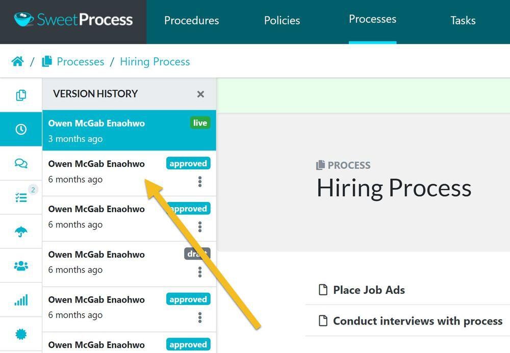 This will open up the version history sidebar menu that lists the current version of the process and all the other versions so far.