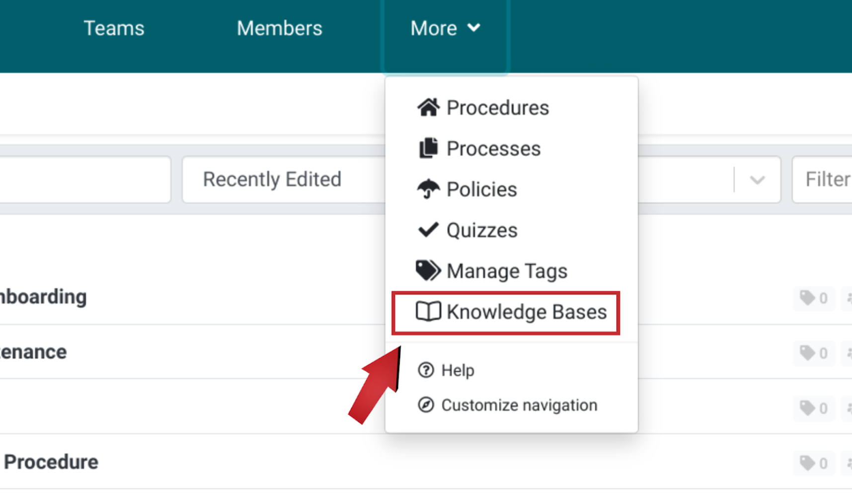 From the dropdown menu, choose "Knowledge Bases"