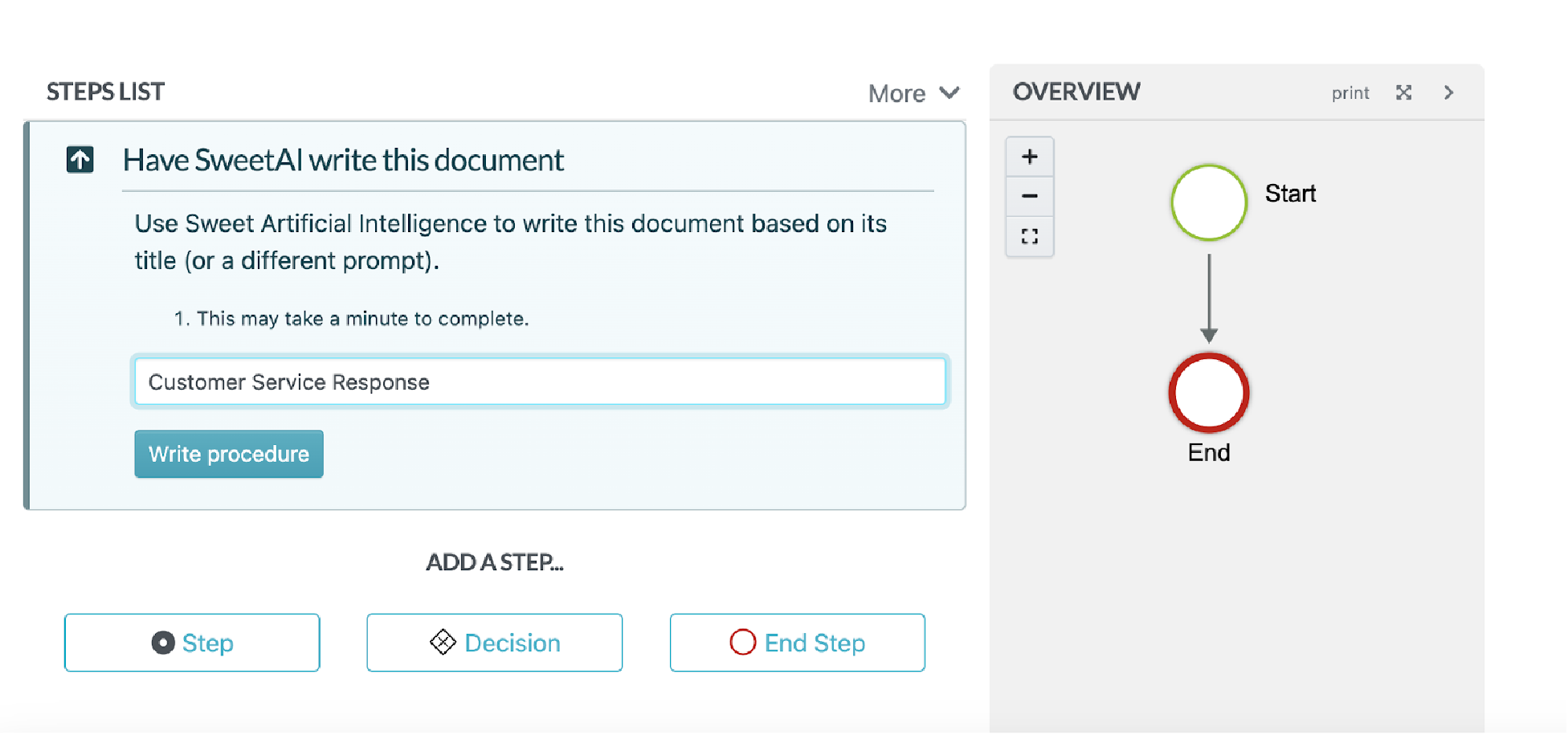 You can write the procedure using AI via the SweetAI feature or draft it manually. 