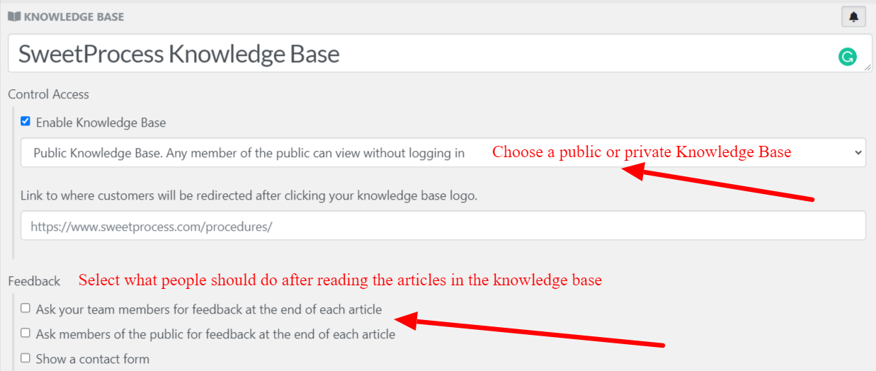 Set your knowledge base private or public