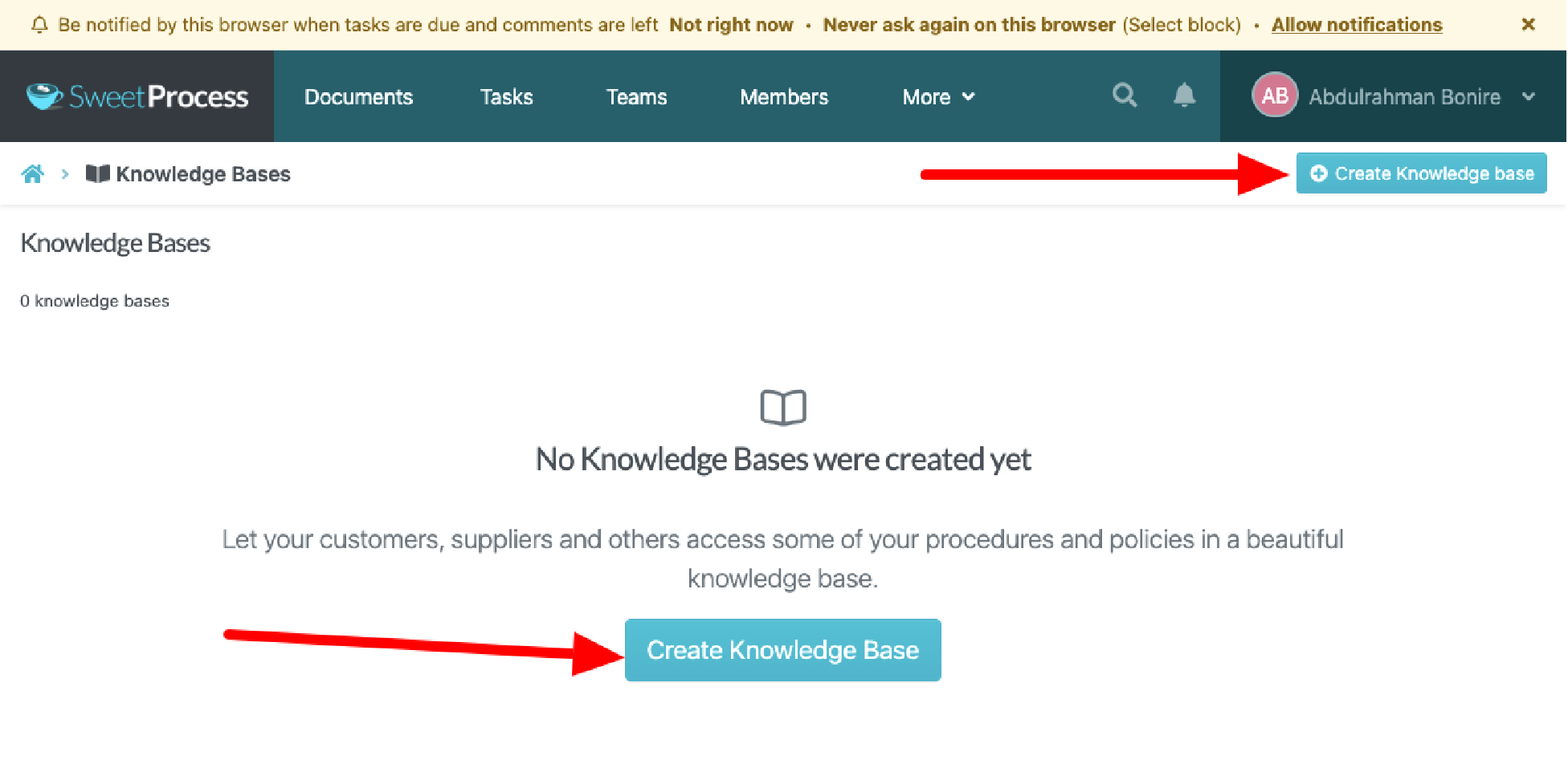 click on any of the two “Create Knowledge Base” buttons