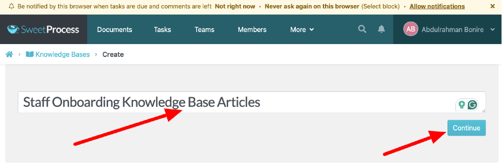 You can create a knowledge base by giving it a title and clicking “Continue.”