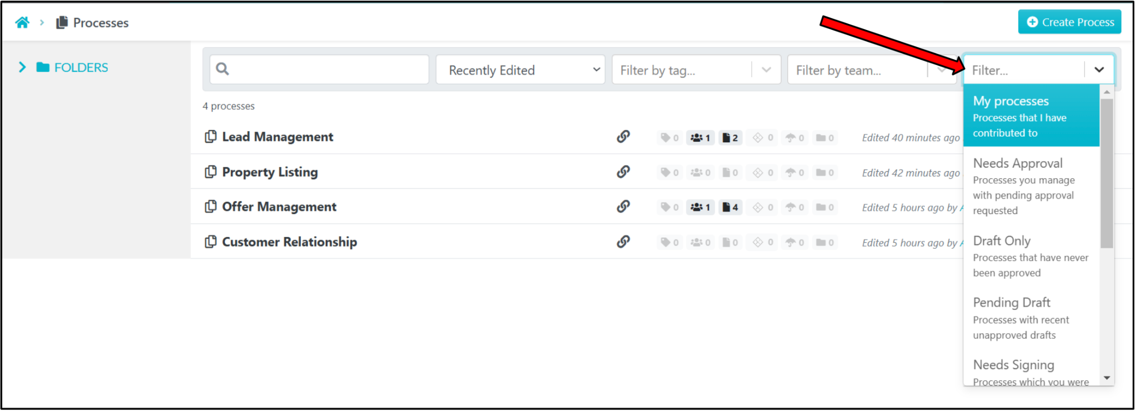 Select the far right filter option to access options for processes that need collaboration