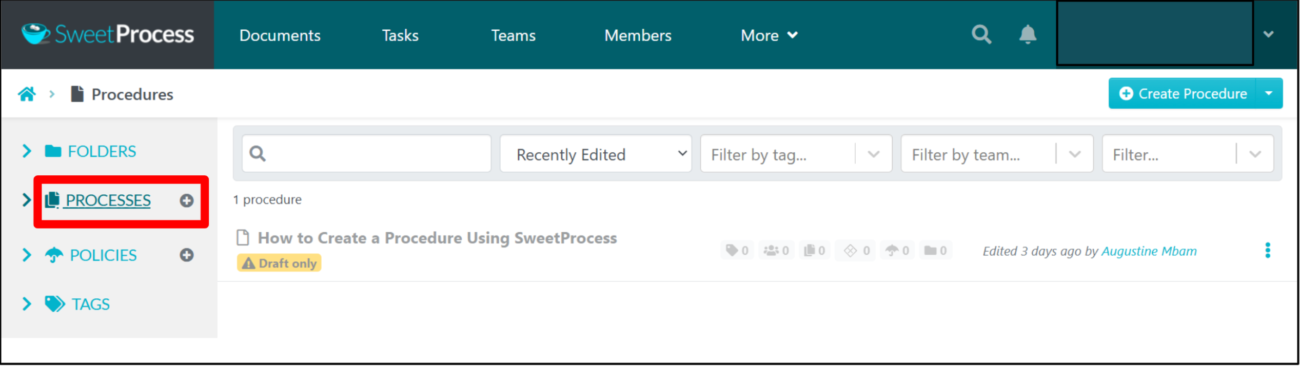 create a process by clicking the (+) icon next to "Processes"