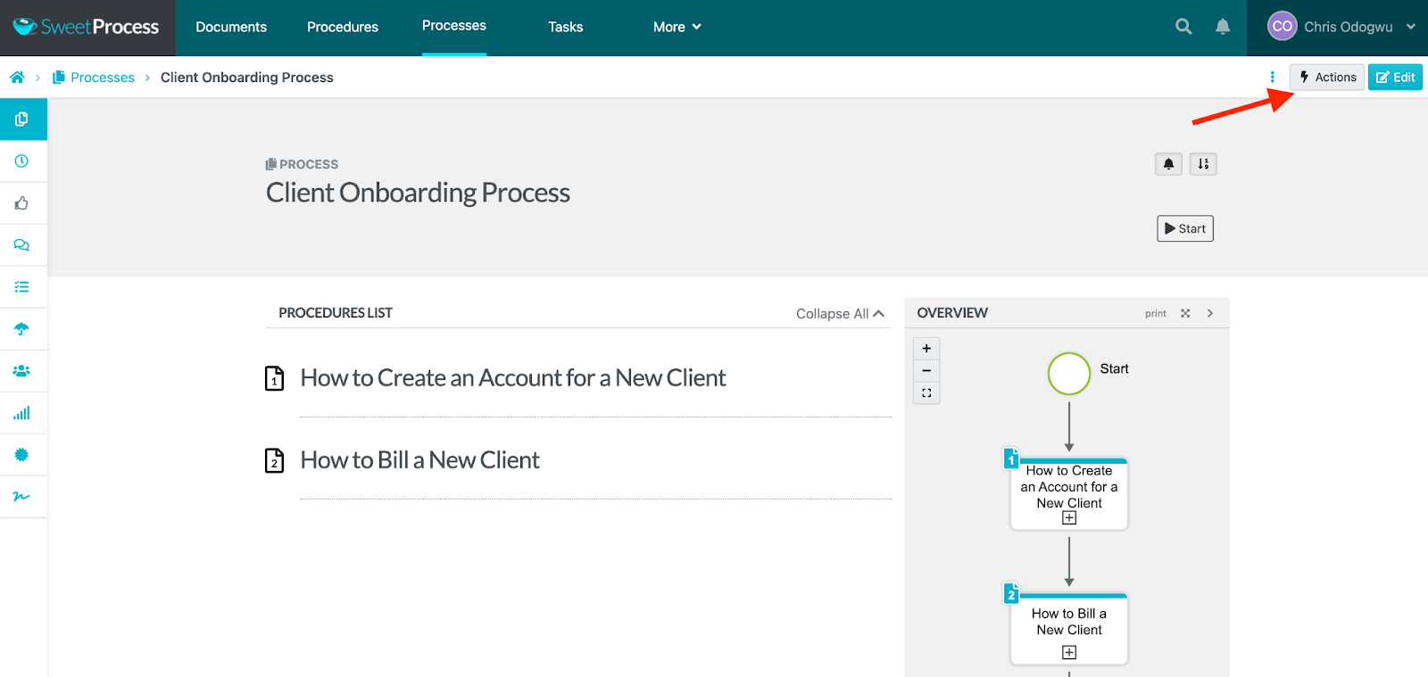 Navigate to the procedure or process and click "Actions"