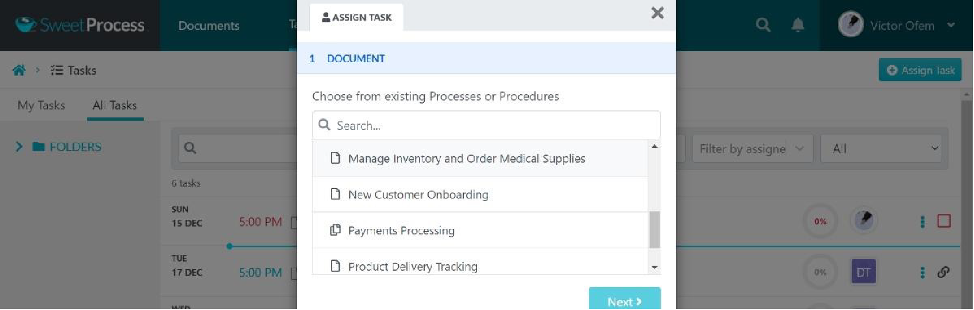 Then, select from any of your existing procedures or processes.