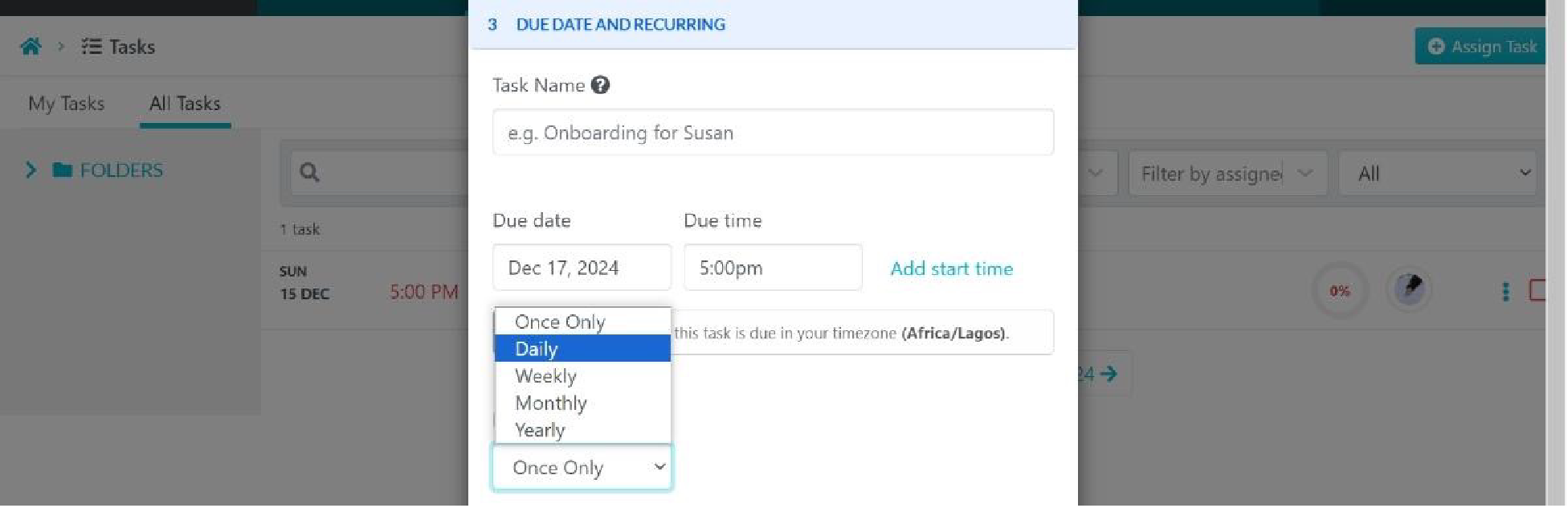  Select the frequency of the task repetition.