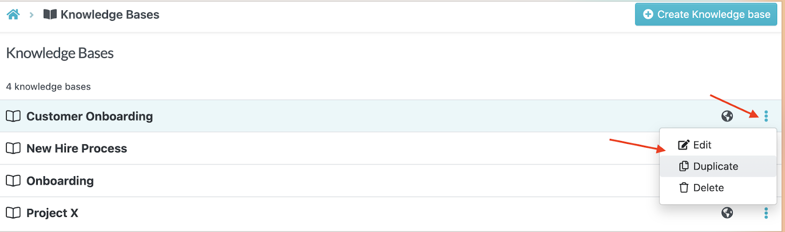 You can implement changes by selecting the specific knowledge base that needs to be updated. Click the three dots on the right, and then implement the changes. 