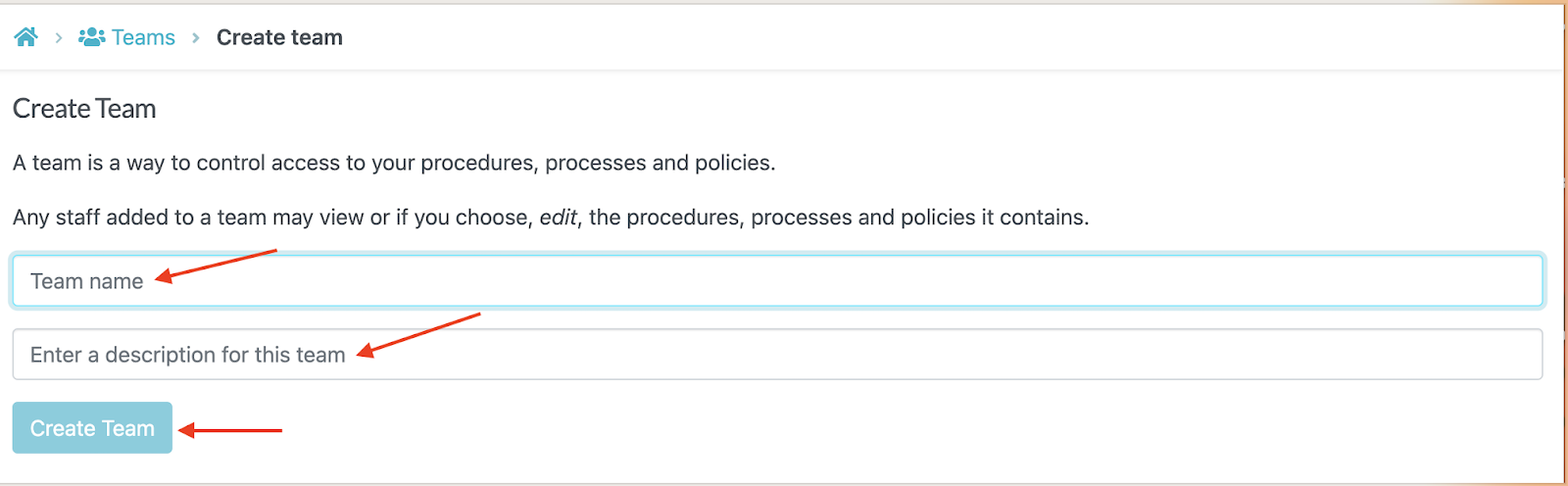 Add your team details, including name and description, and then click "Create Team"