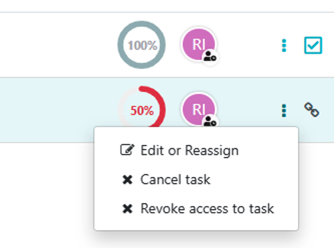 4) You can also modify the task by clicking on the three dots at the extreme end of the task to either cancel, edit, reassign, or revoke access.