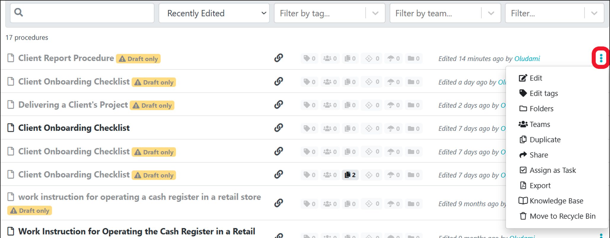 quickly manage your procedures by selecting the three dots on the right-hand side