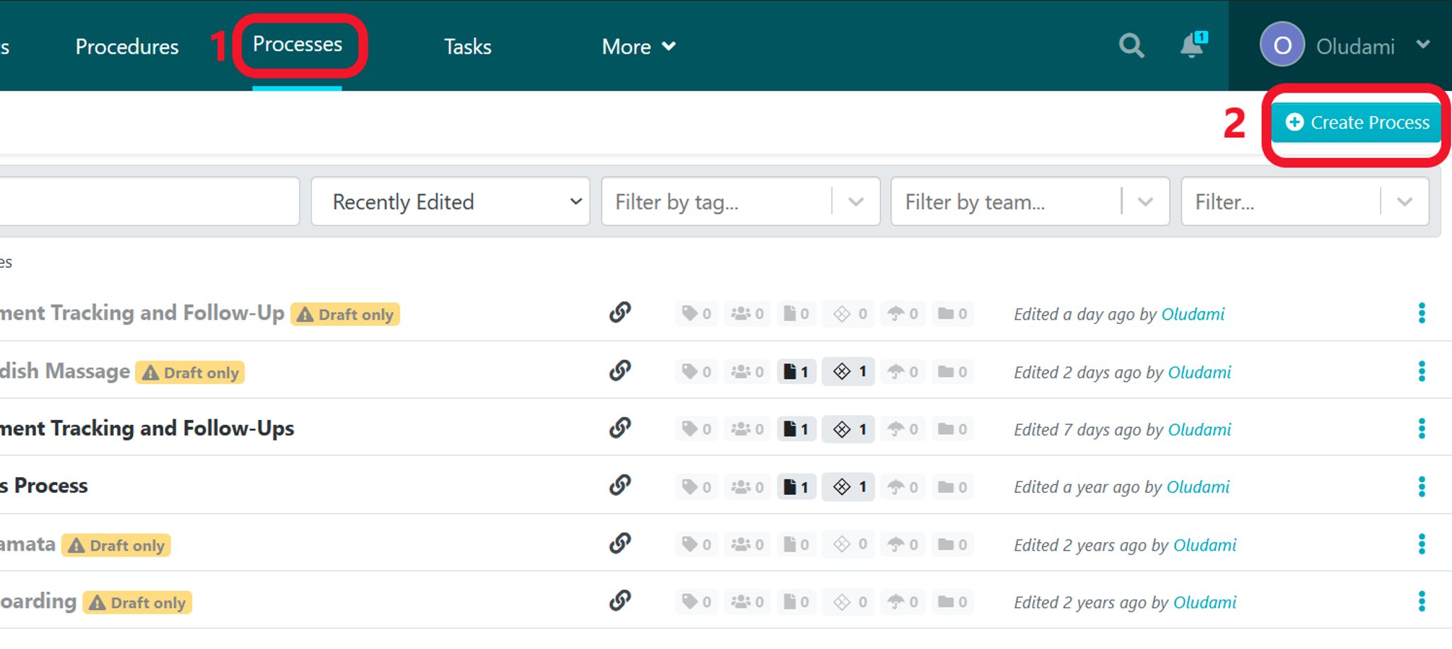 click on the “Processes” tab and then click on “Create Process” at the top-right corner of the next page