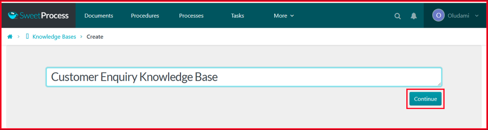 3. Next, enter your knowledge base title in the title bar and click on “Continue.”