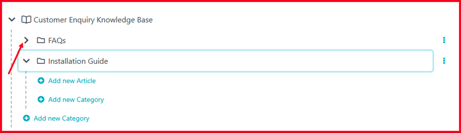 Click on the arrow icon beside each category to add a new article or add a sub category.