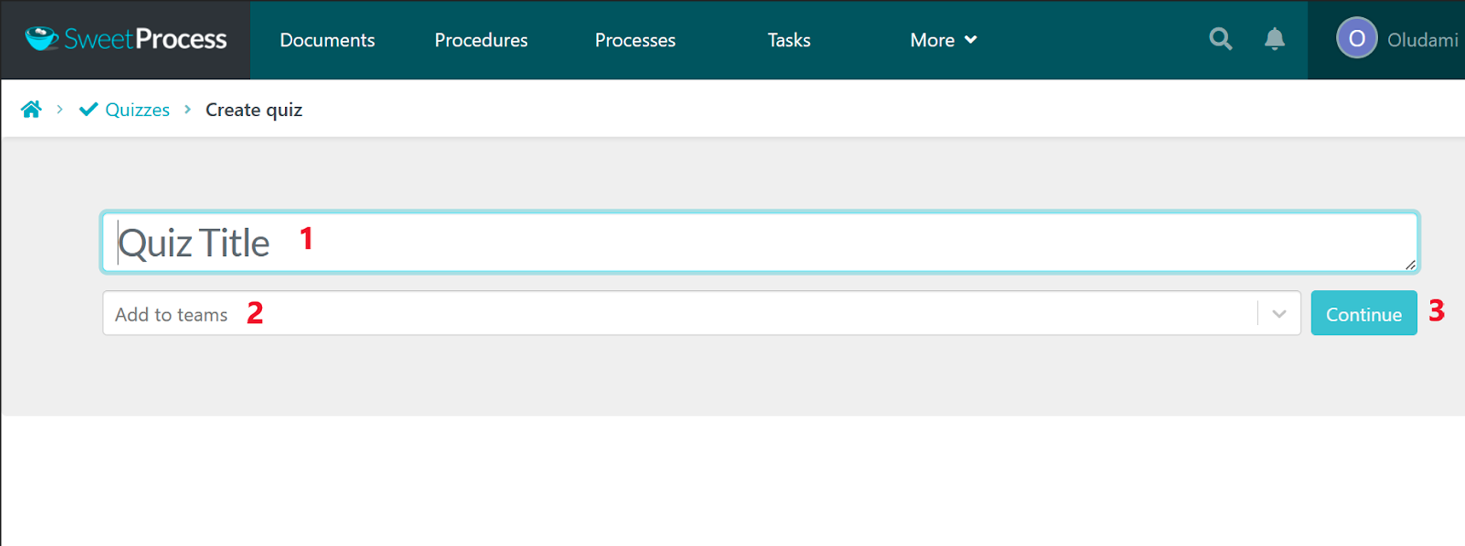 3. On the next page, enter your quiz title, assign to a team by clicking “Add to teams,” then click on “Continue.”