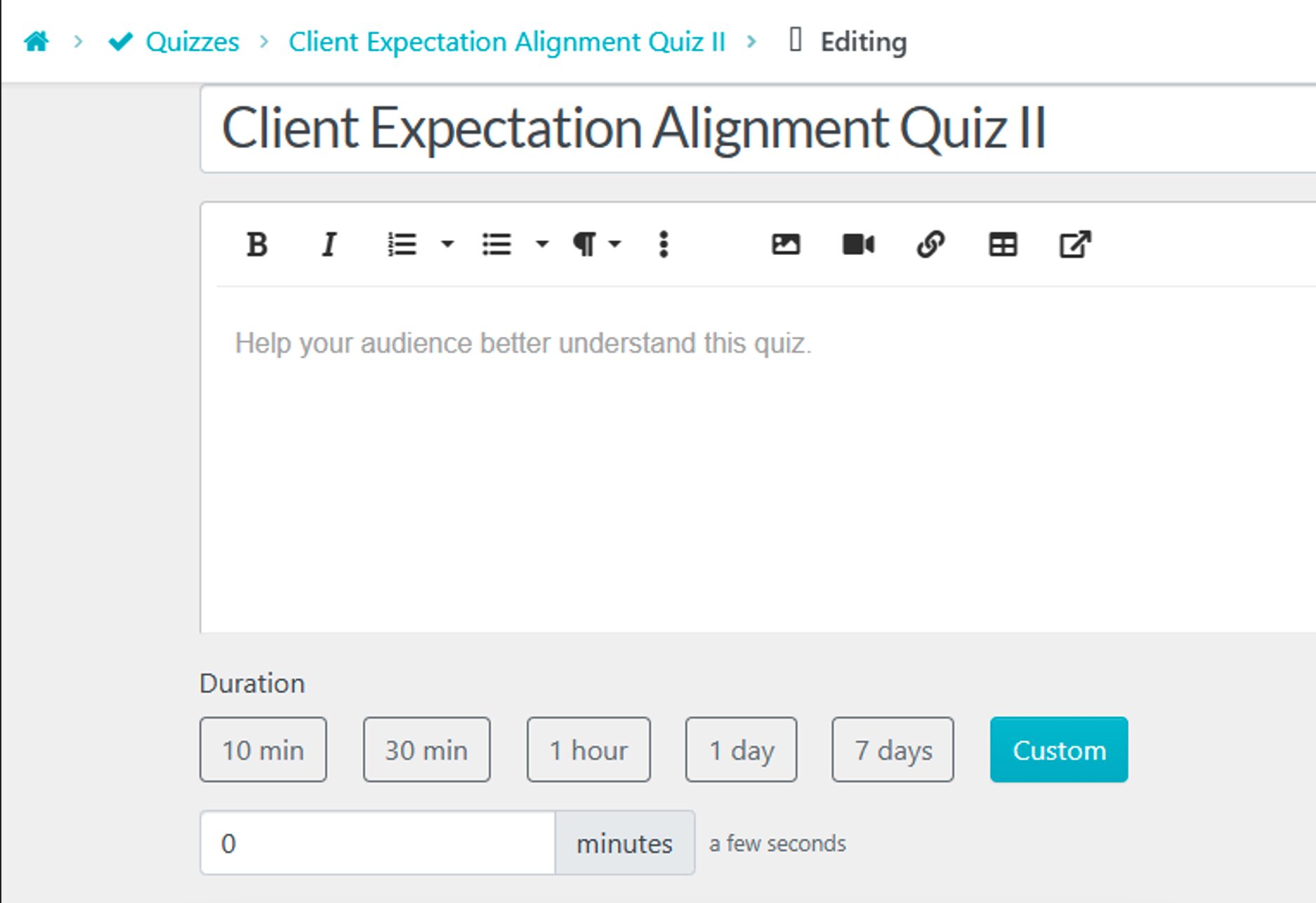 4. You’ll be directed to the page for your new quiz. Here, you can modify the quiz setup, customize the title, add descriptions, and also set the duration and pass mark. Click on “Save Changes” when you are done editing.