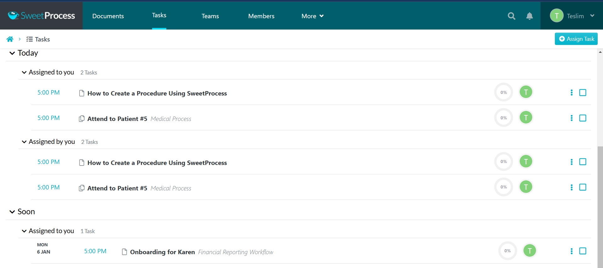 SweetProcess Task management dashboard