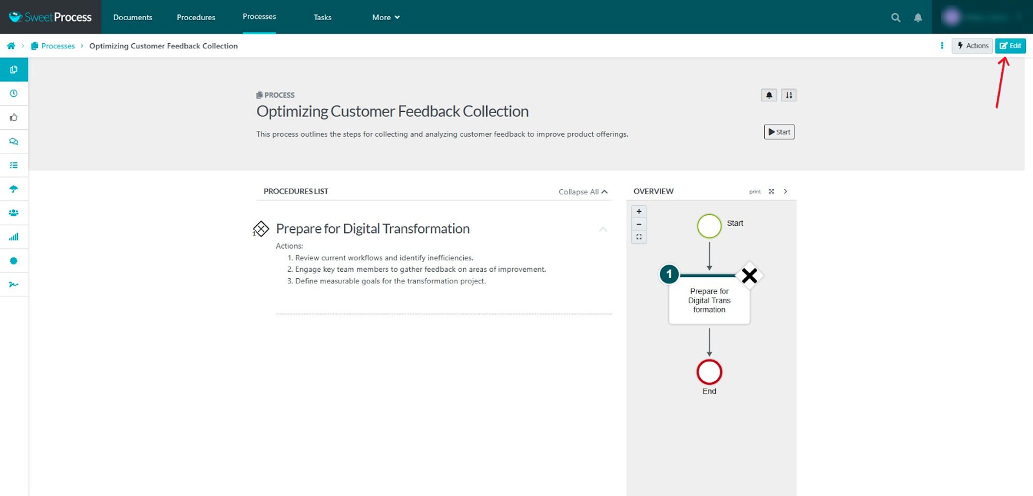 Click the "Edit" button to begin making changes to the process