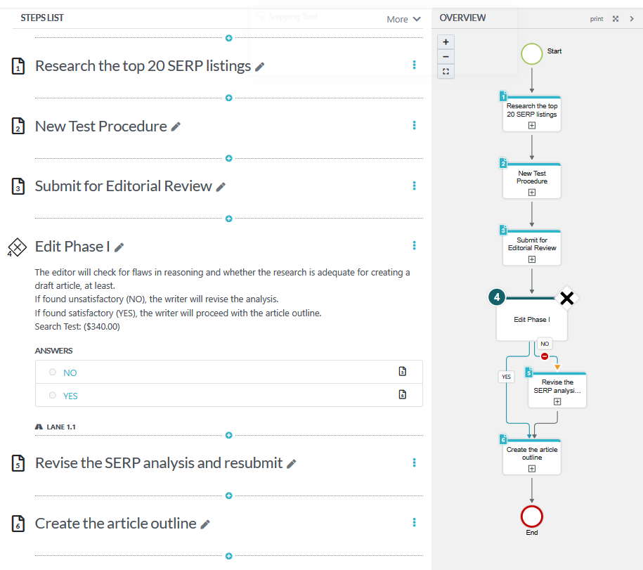 They gray "Overview" on the right is a process map that updates as you add steps