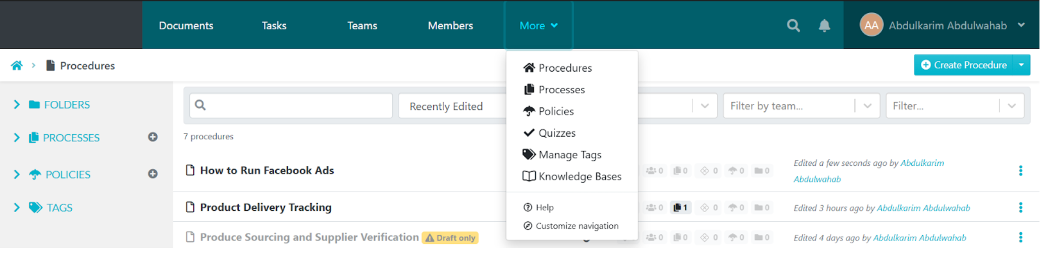 navigate to the "Procedures" or "Processes" tab 