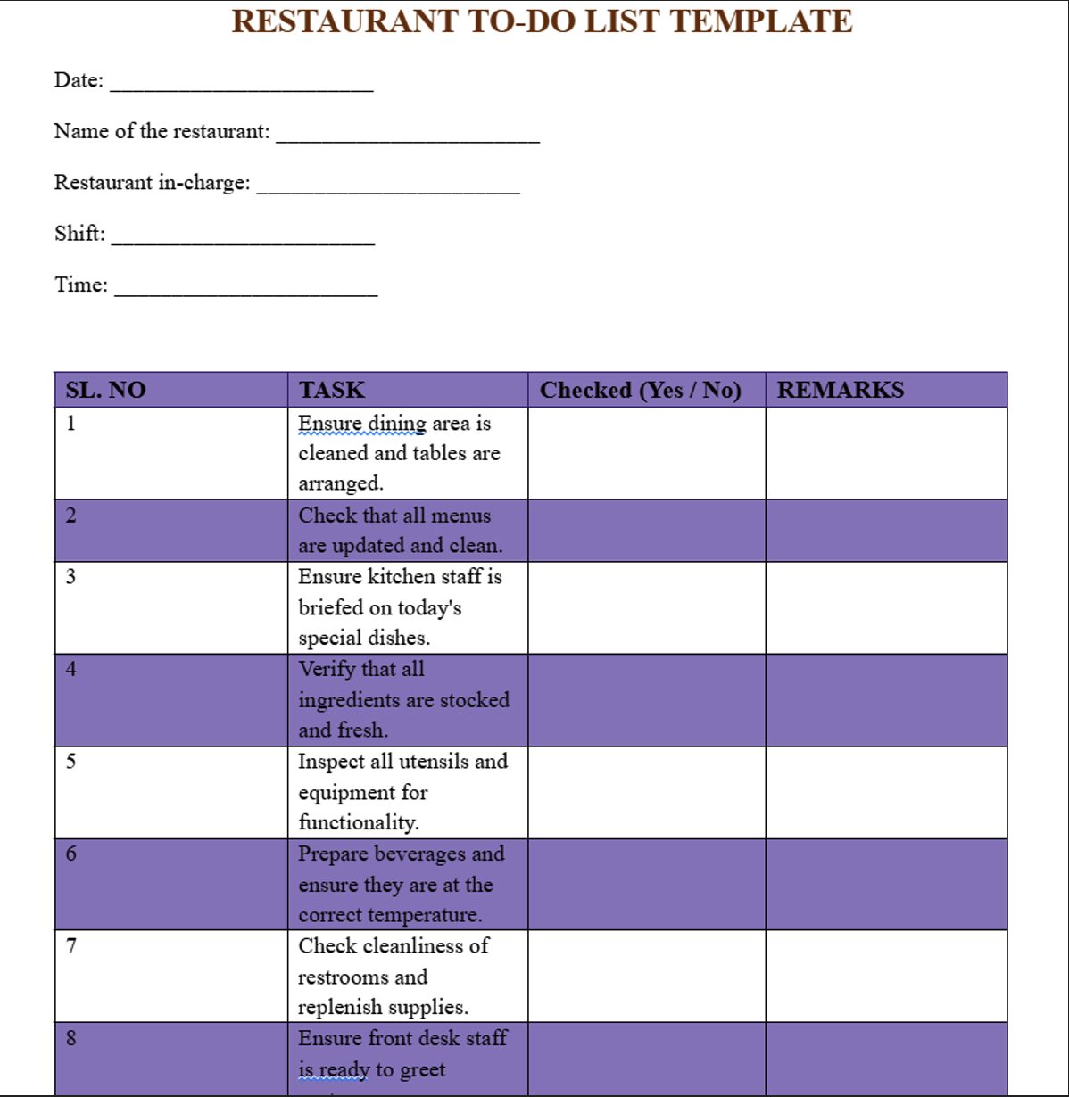 Restaurant To-Do List Template