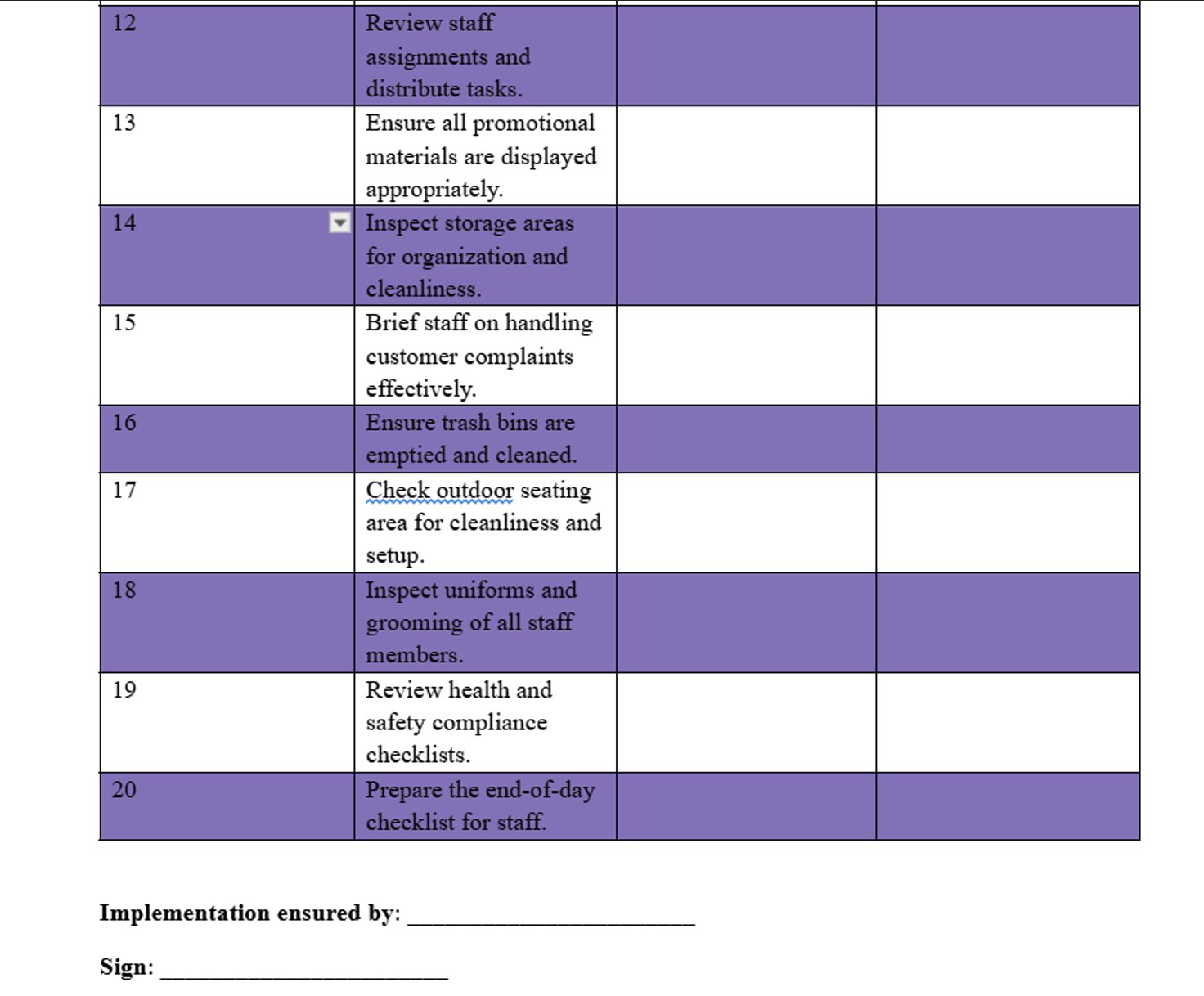 Restaurant To-Do List Template 2