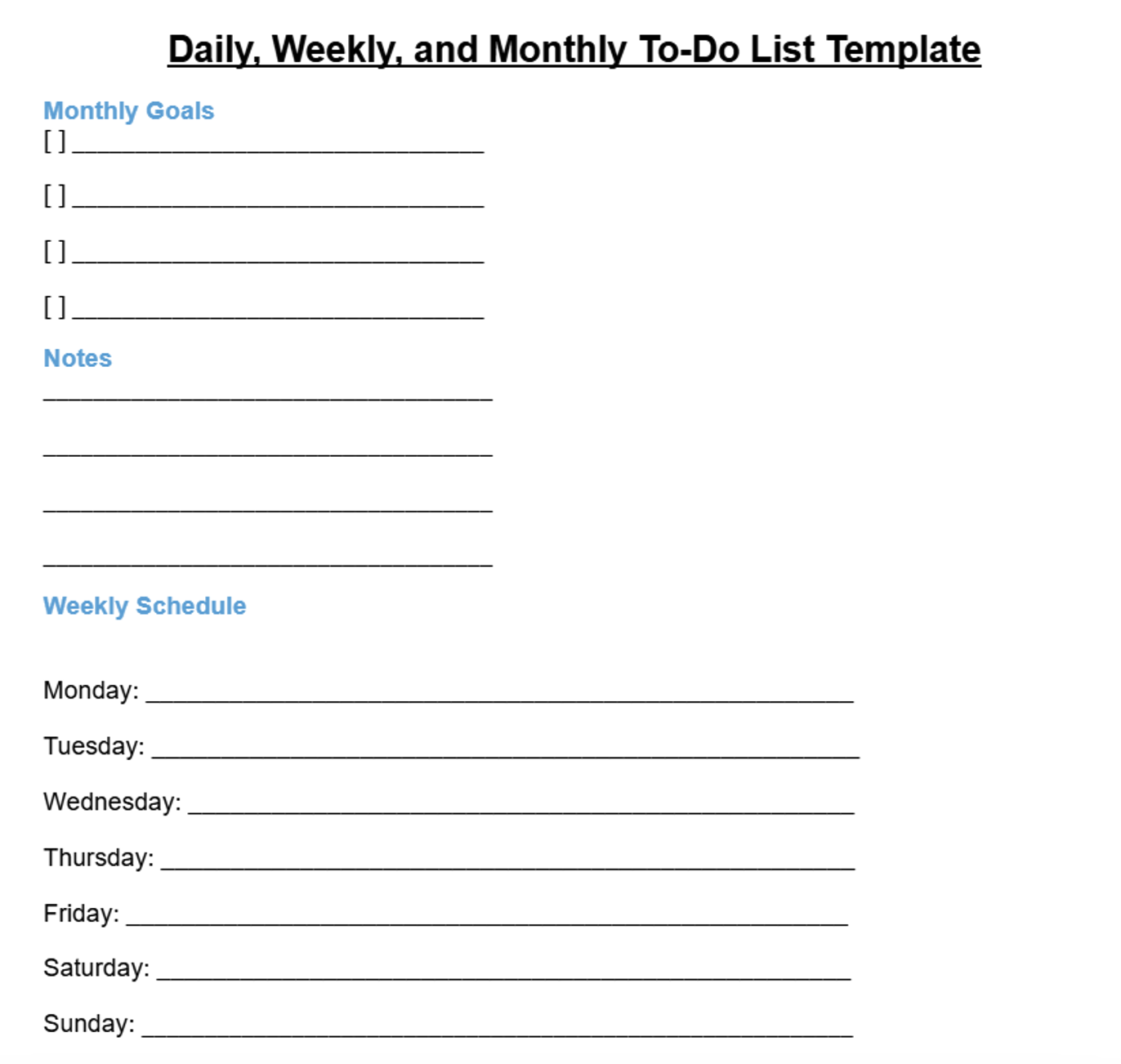 Daily, Weekly, and Monthly To-Do List Template