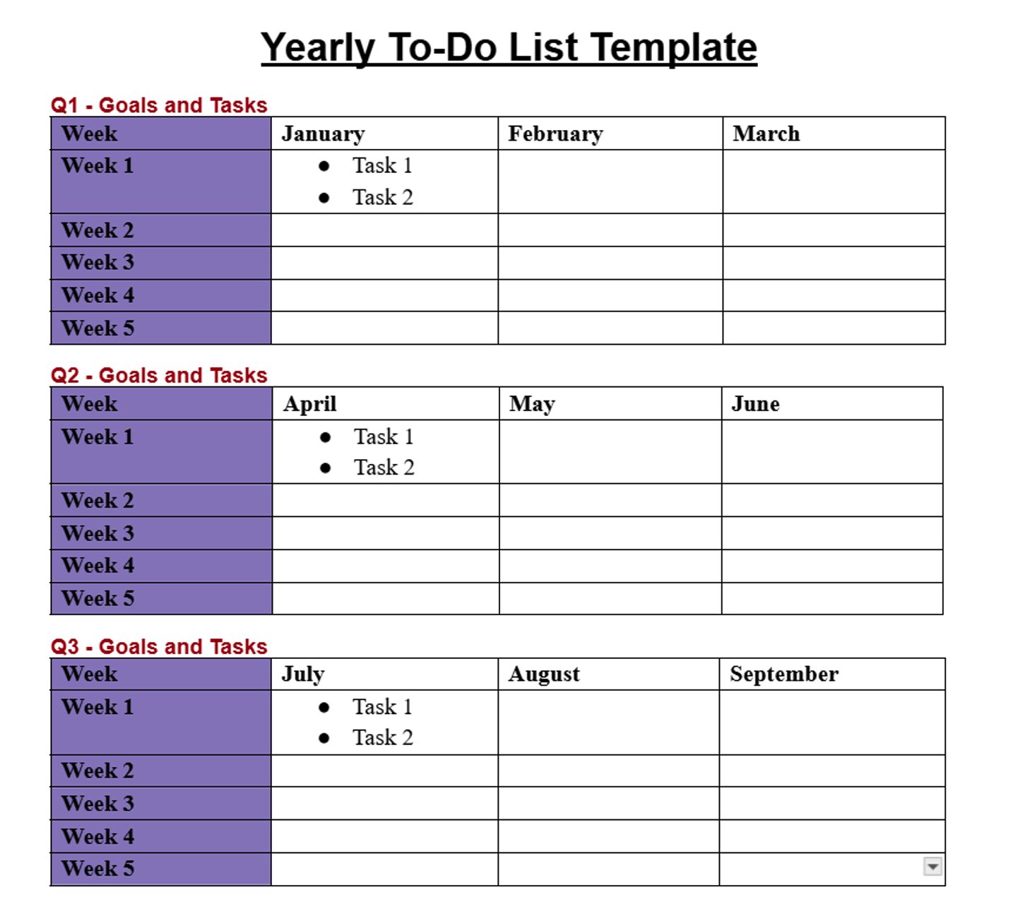 Yearly To-Do List Template sample