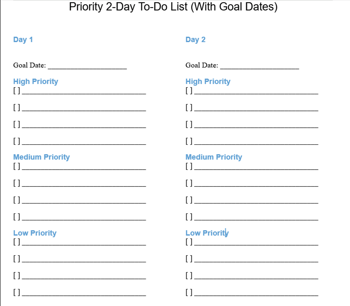 Priority 2-Day To-Do List (With Goal Dates)