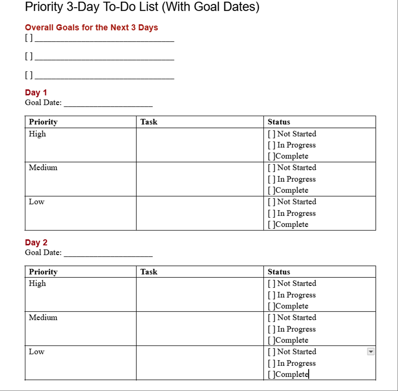 Priority 3-Day To-Do List (With Goal Dates)